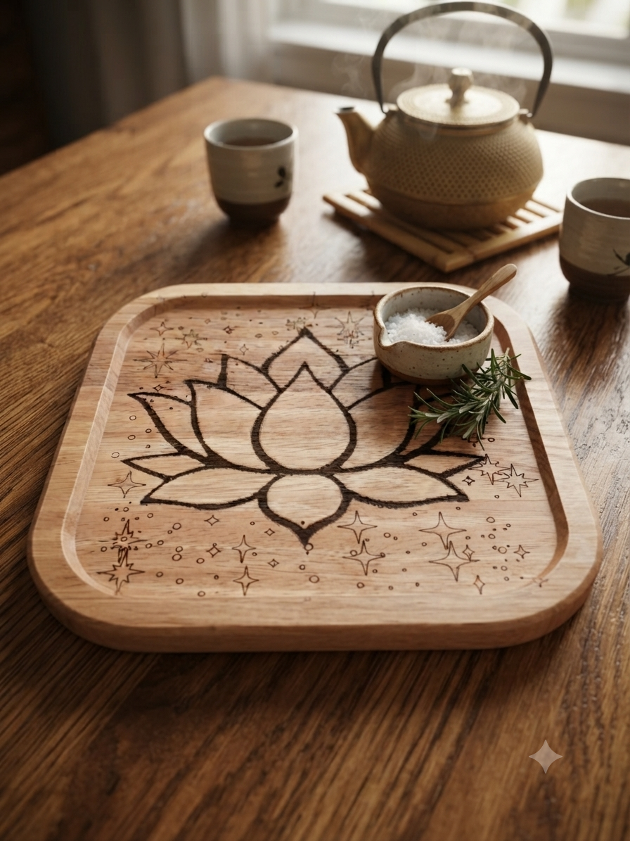 Dessous de Plat en Bois Gravé – Motif Lotus et Étoiles